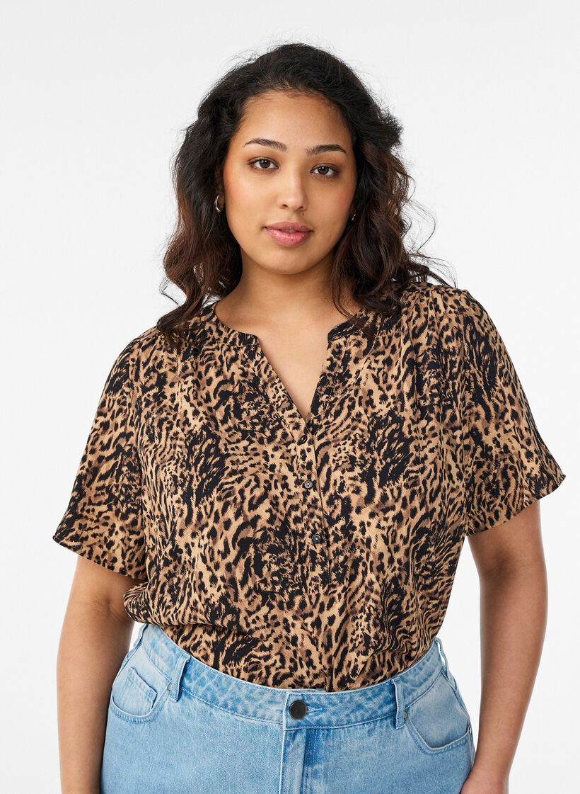 Bluse med korte ermer og v-hals, Brun, Model image number 0
