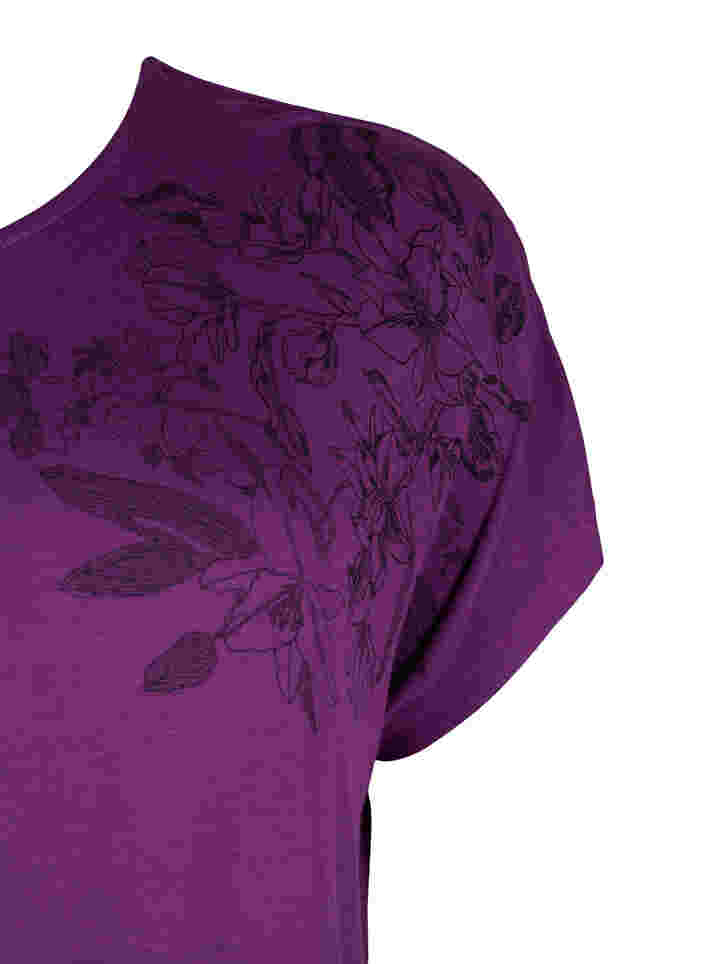 Kortermet T-skjorte i viskose med blomstermønster, Grape Juice Flower, Packshot image number 3