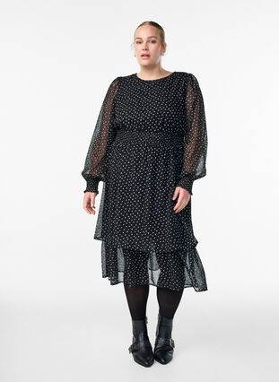 Zizzi Midikjole i chiffon med prikkete mønster, Svart, Model image number 0