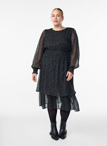 Zizzi Midikjole i chiffon med prikkete mønster, Svart, Model image number 0