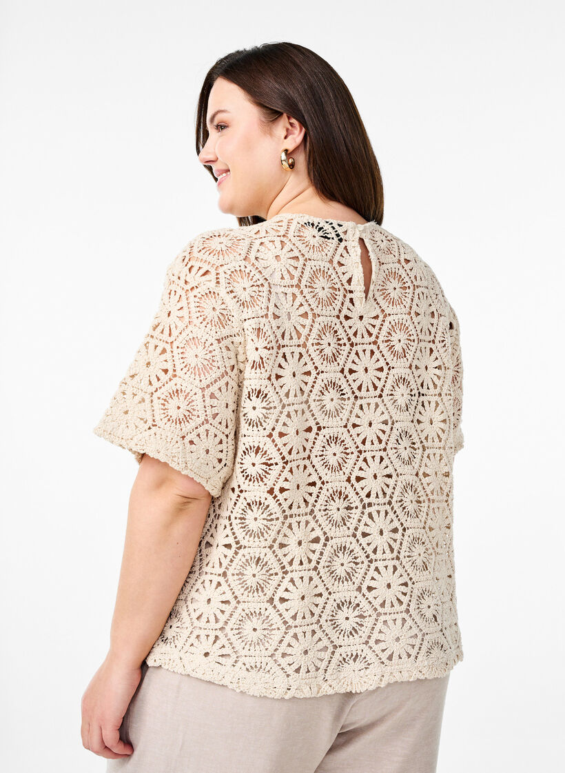 Heklet bluse med korte ermer, Beige, Model image number 2