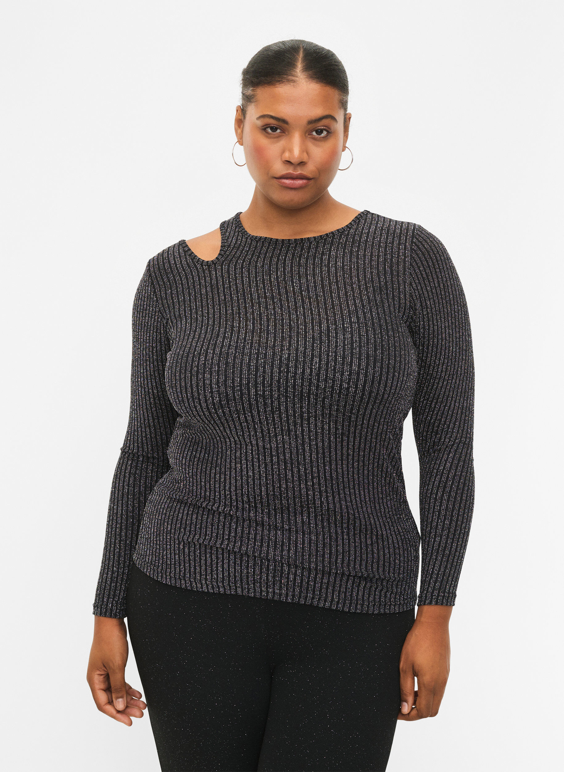 Zizzi Langermet bluse med glitter, B. w. Silver Stripes, Model image number 0