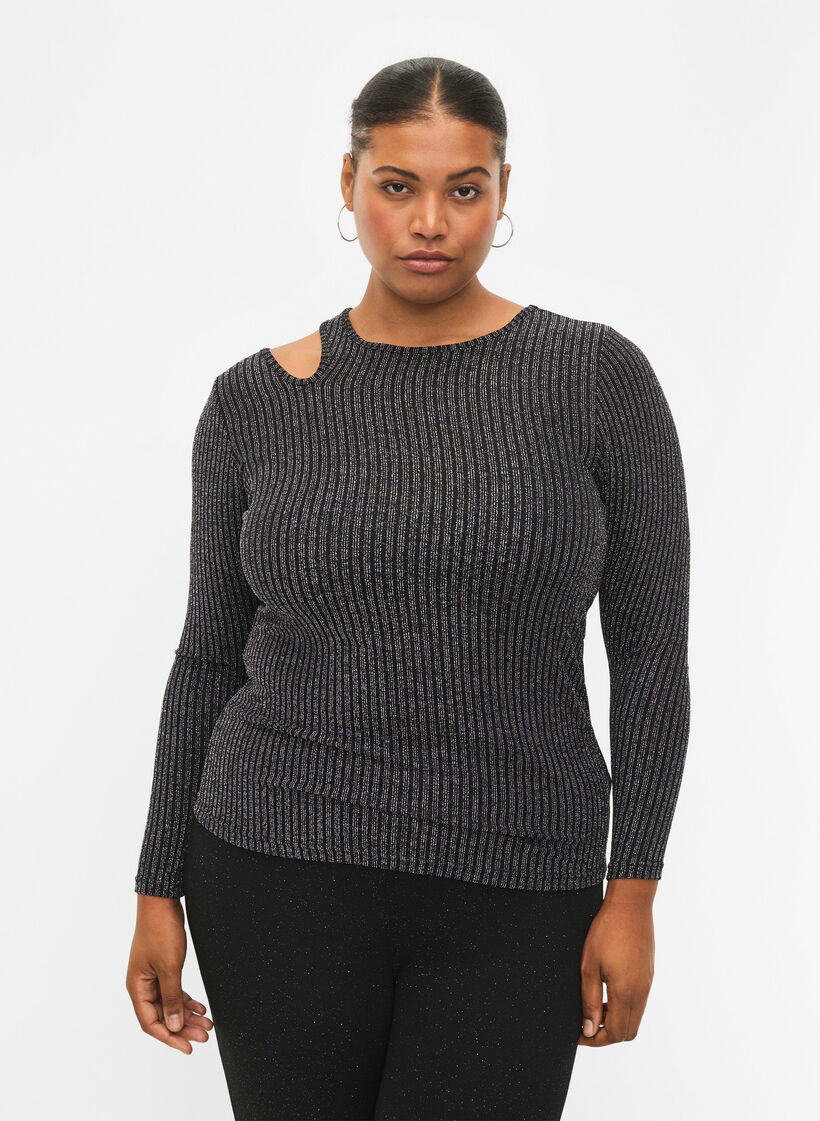 Langermet bluse med glitter, B. w. Silver Stripes, Model image number 0