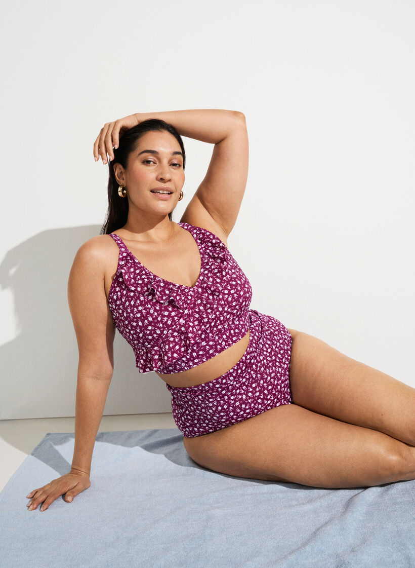 Blomstrete bikinioverdel med volangdetaljer, Rød, Image image number 0