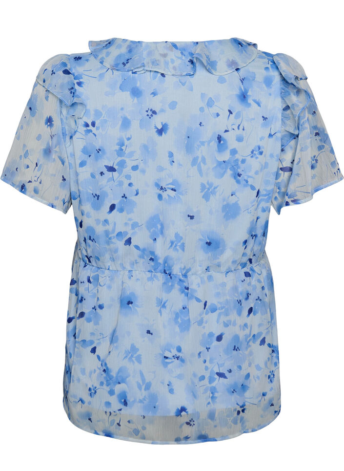 Blomstret bluse med volangkrage og peplumeffekt, Bl&aring;, Packshot image number 1