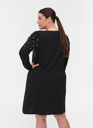 Kjole med lange puffermer og perler, Black, Model image number 1