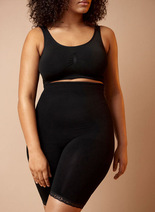 Shapewear shorts med høyt liv og blondekant, Black, Image image number 1
