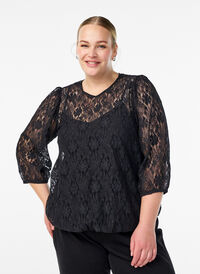 Blondebluse med 3/4-ermer, Svart Blondebluse med 3/4-ermer, Svart, Model