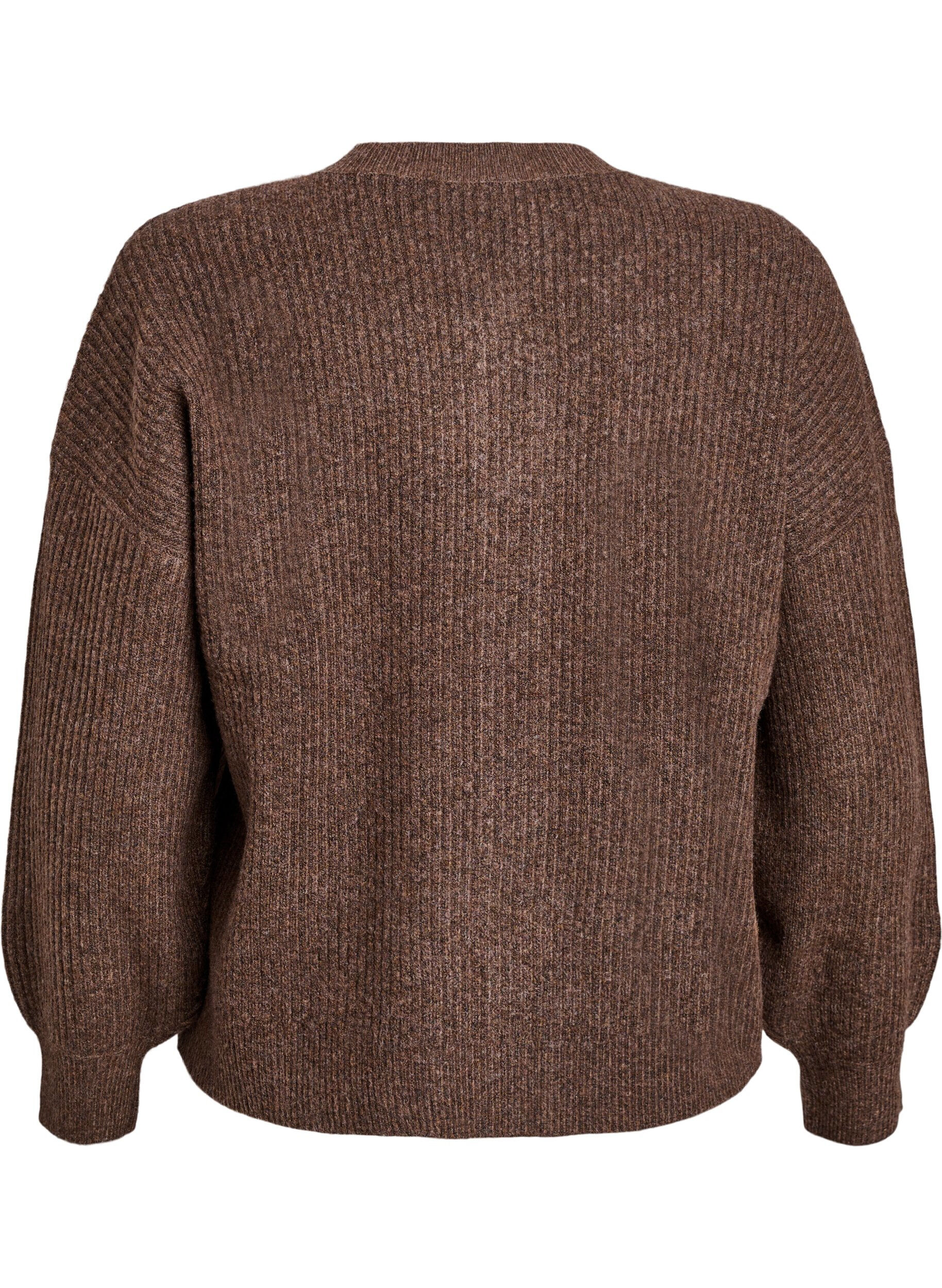 ZizziRibbestrikket cardigan med knapper, Brun, Packshot image number 1