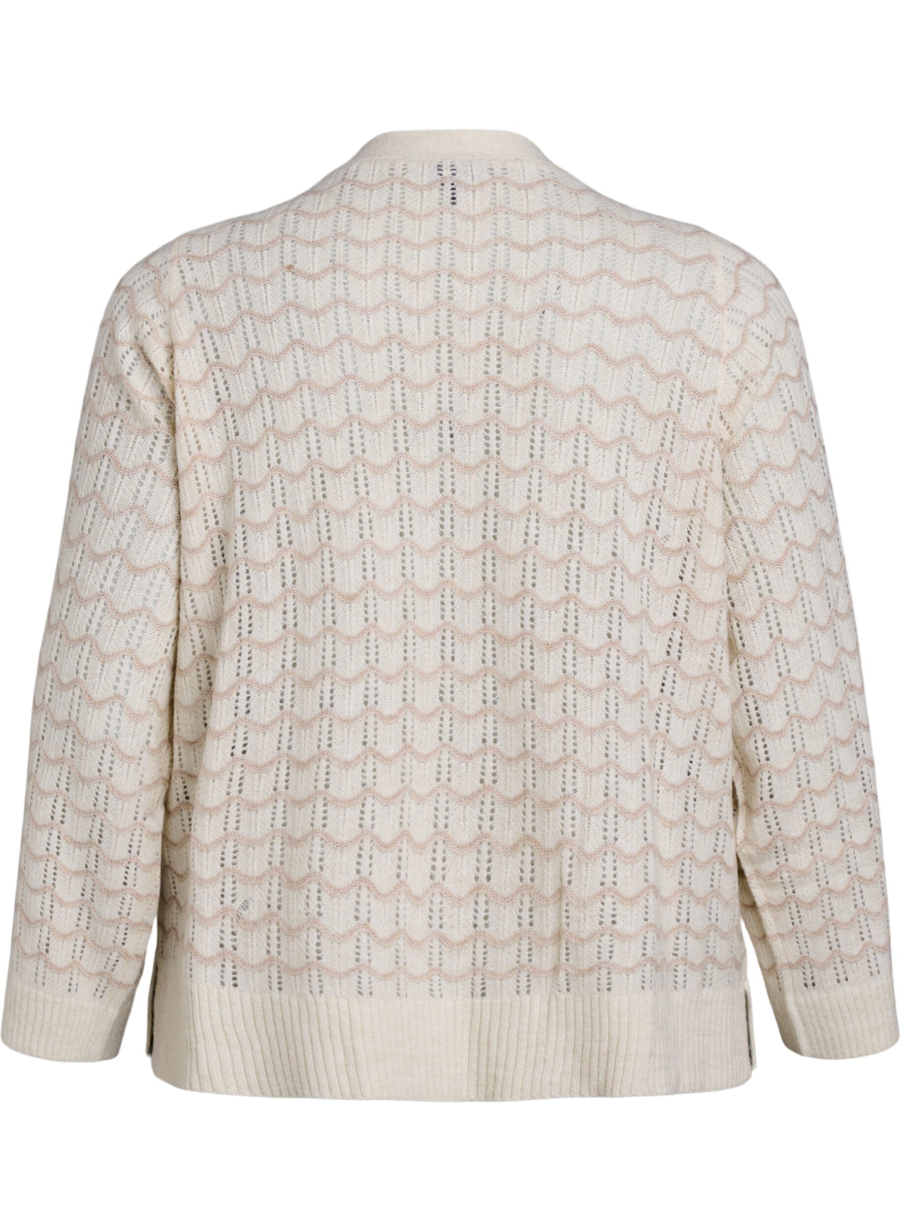 Zizzi Strikket cardigan med et &aring;pent m&oslash;nster og b&oslash;lgete linjer, Birch w. Simply T., Packshot image number 1