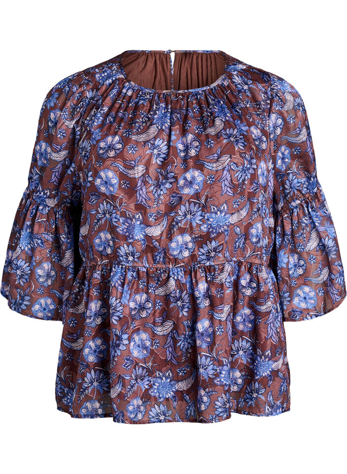 Bluse med blomster og volangermer, Brun, Packshot image number 0