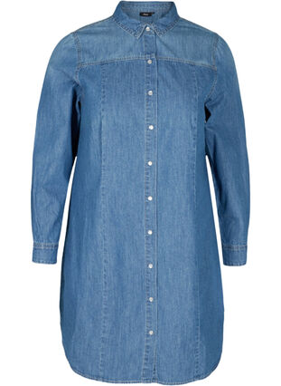 Lang denimskjorte i bomull, Blue denim, Packshot image number 0
