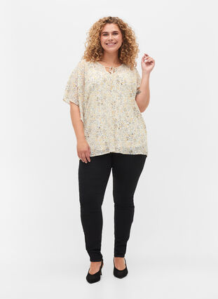 Mønstrete bluse med knyting og korte ermer, Icicle Flower AOP, Model image number 2