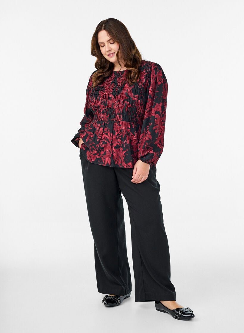 Bluse med smock og lange ermer, Svart, Model image number 1