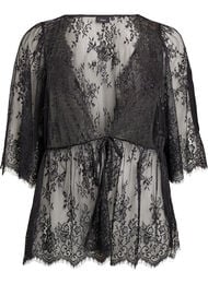 Blondetopp med knytedetalj og 3/4 ermer, Svart