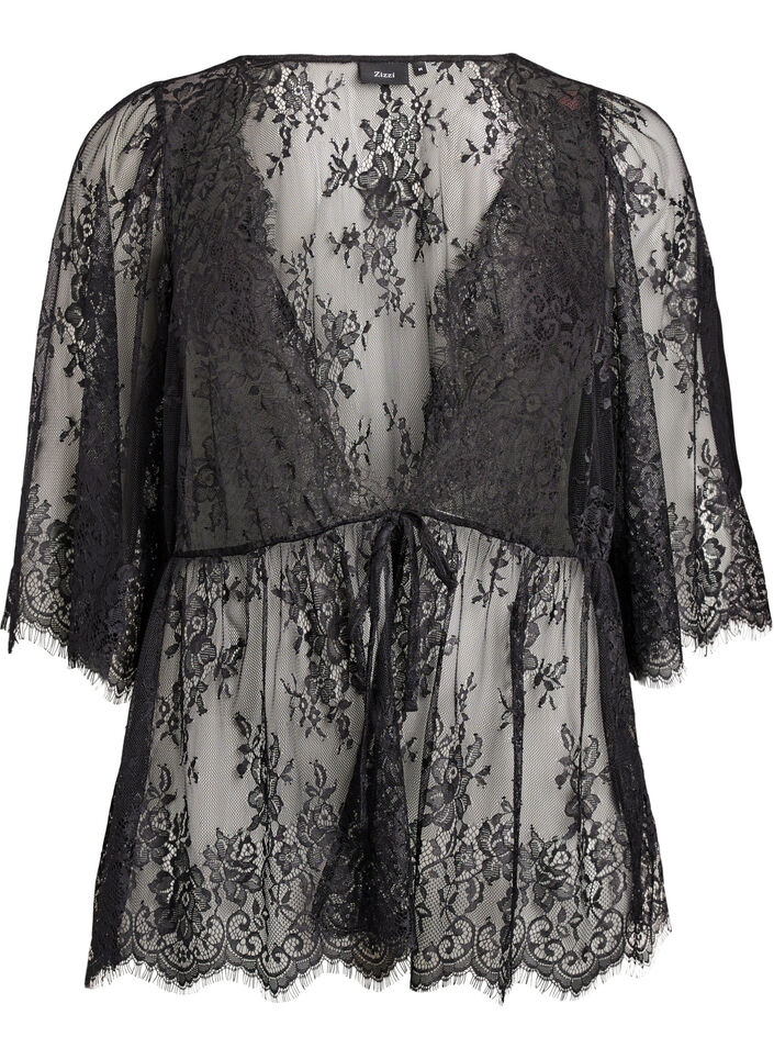 Blondetopp med knytedetalj og 3/4 ermer, Svart, Packshot image number 0