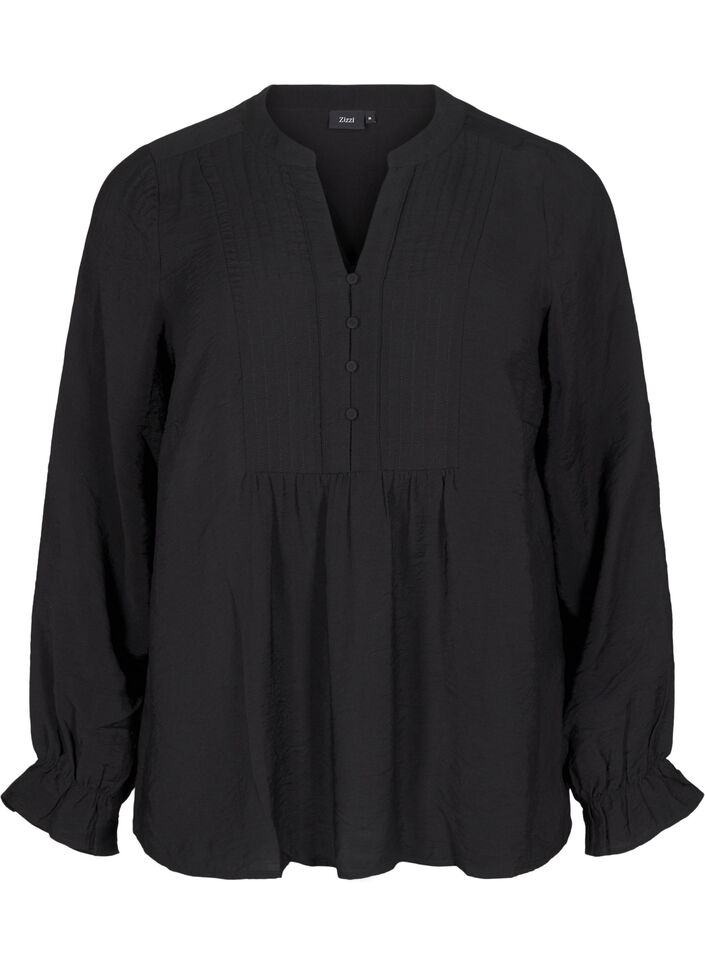 Langermet bluse med V-hals, Black, Packshot image number 0