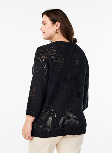 Zizzi Strikket bluse med åpent mønster og 3/4-ermer, Black, Model image number 1