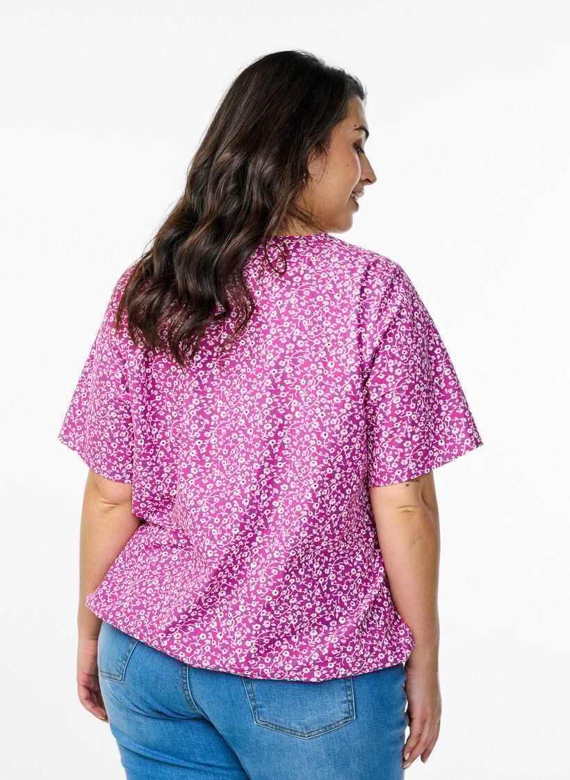 Bomullsbluse med trykk og korte ermer, Lilla, Model image number 2