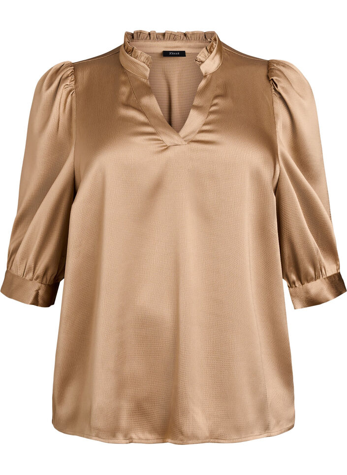 Bluse med satenglook, 1/2-ermer og volangkrage, Brun, Packshot image number 0