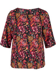 Mønstrete bluse med blonderygg og 3/4-ermer, Black/Multi Paisley