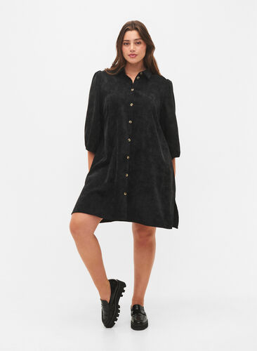 Kordfløyelskjole med 3/4-ermer og knapper, Black, Model image number 2