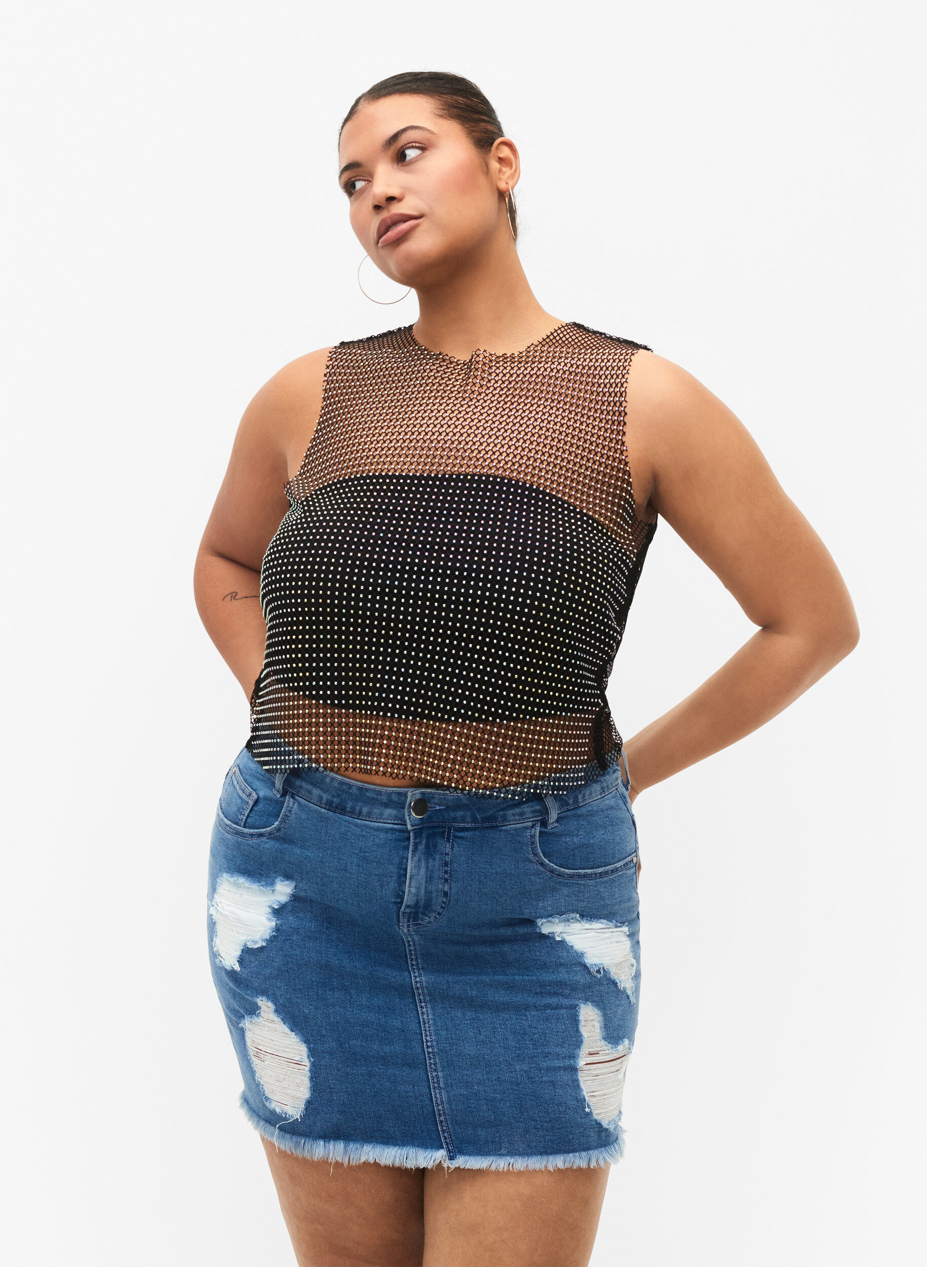 Zizzi Tettsittende denimskj&oslash;rt med detaljer, Blue denim, Model image number 0