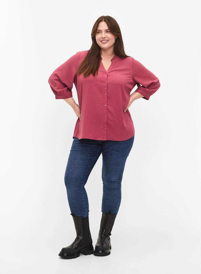 Skjortebluse med 3/4-ermer og volangkrage, Dry Rose, Model image number 2