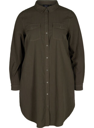 Lang bomullsskjorte med brystlommer, Khaki Green, Packshot image number 0