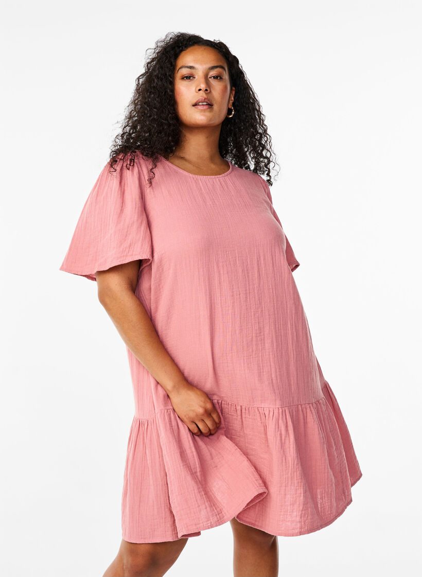 Kortermet kjole i bomull med A-linjeformet snitt, Old Rose, Model image number 0