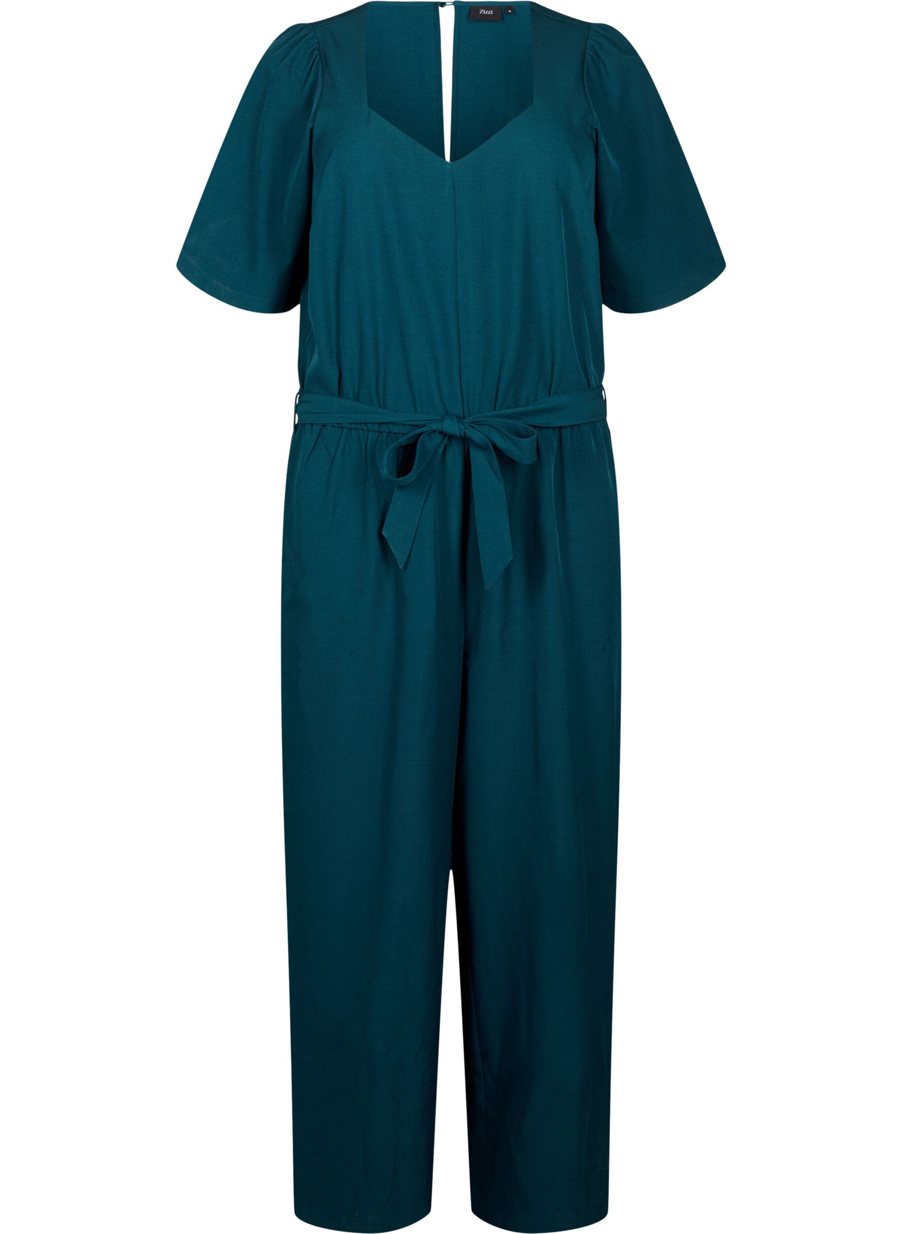 Zizzi Jumpsuit med belte og korte ermer, Sea Moss Melange, Packshot image number 0