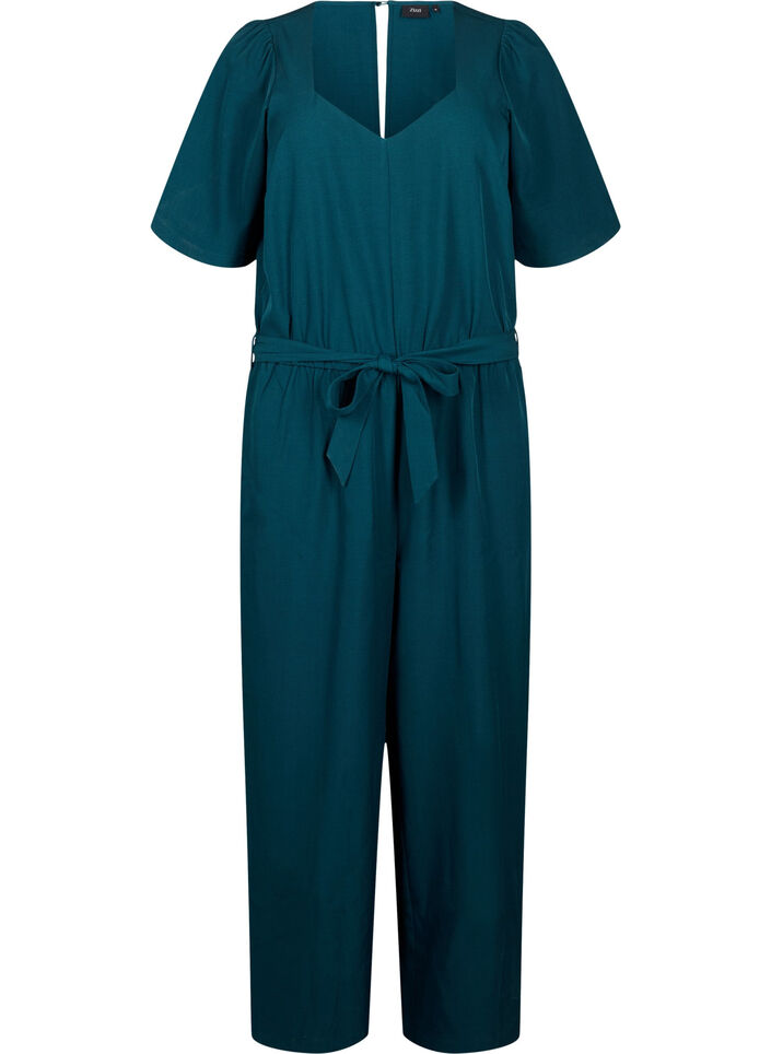 Jumpsuit med belte og korte ermer, Sea Moss Melange, Packshot image number 0