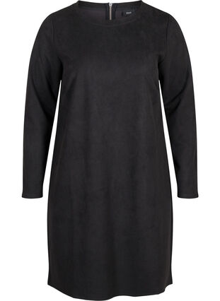 Ensfarget kjole med rund hals og 3/4-ermer, Black, Packshot image number 0