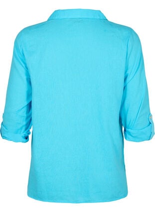 Skjortebluse med knappelukking i bomull-linblanding, Blue Atoll, Packshot image number 1