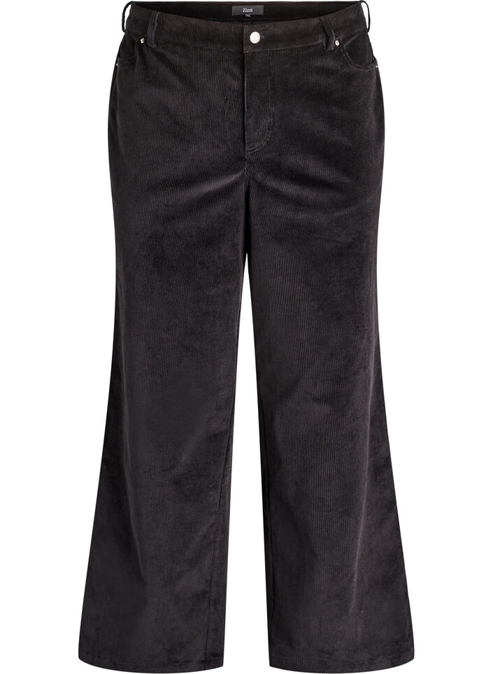 Cordfløyelsbukser med høy midje og vide ben, Svart, Packshot image number 0