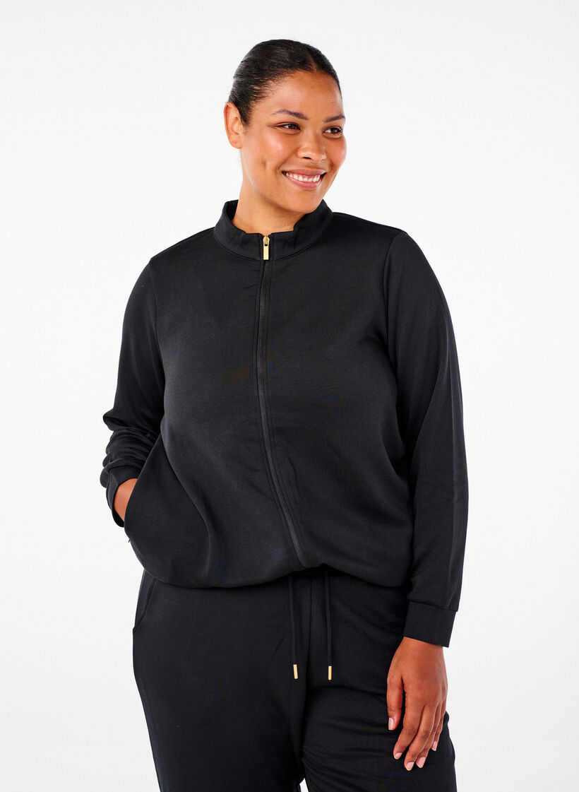 Sporty cardigan med glidelås og lommer, Black, Model image number 0