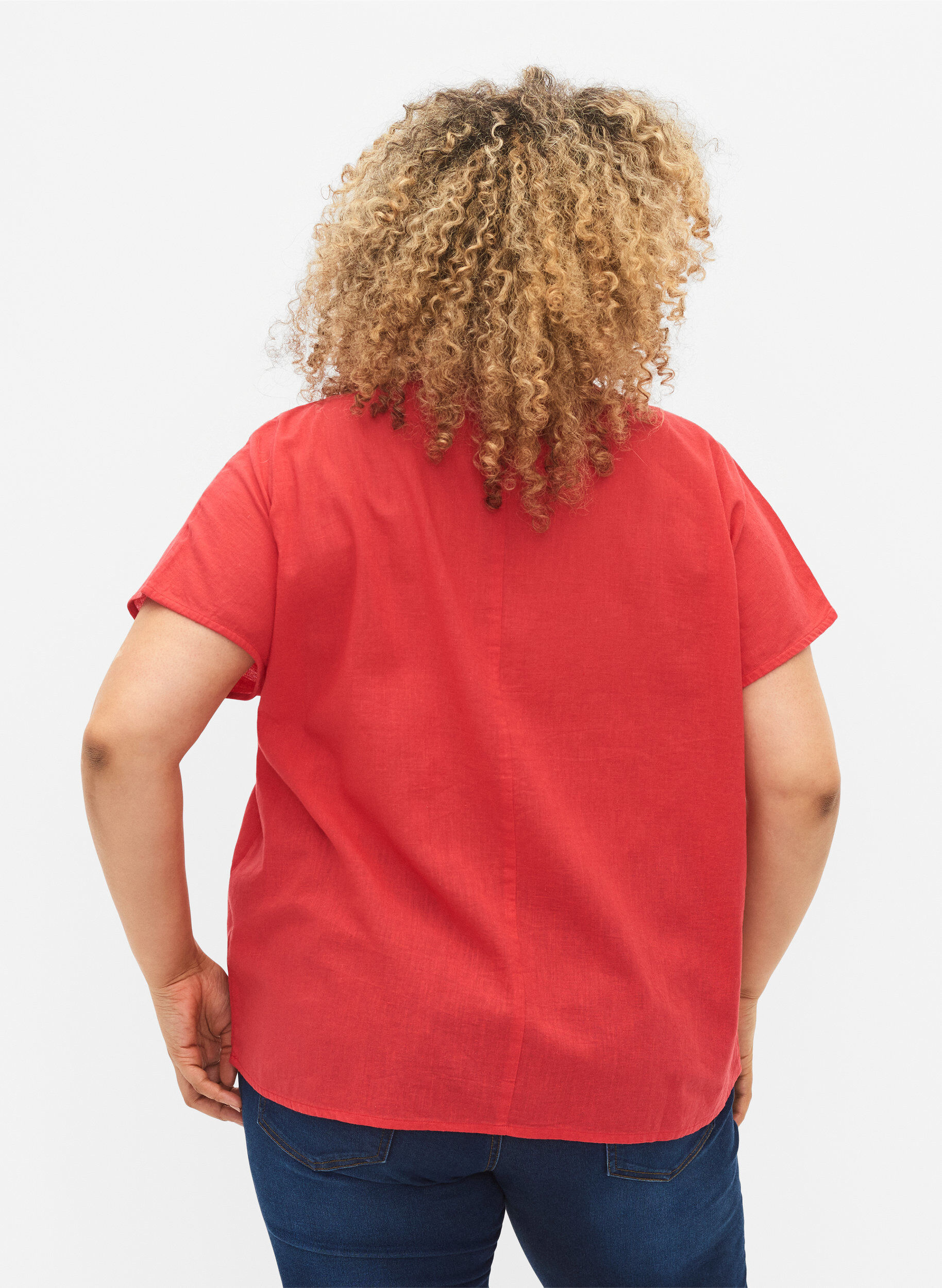 Zizzi Kortermet bluse i bomullsblanding med lin, Hibiscus, Model image number 1