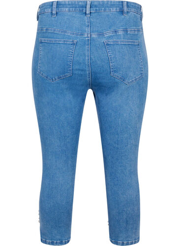 Capribukser i denim med høyt liv og perler, Light blue denim, Packshot image number 1