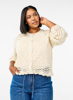 Zizzi Kort strikket cardigan med hullmønster, Sandshell, Model image number 0