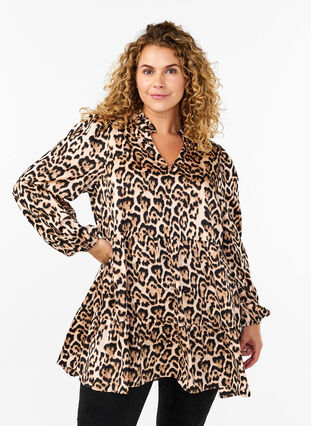 Zizzi Tunika med leopardmønster og lange ermer, Leo AOP, Model image number 0
