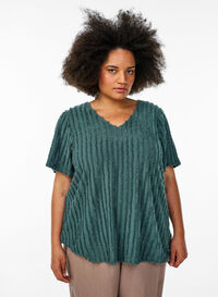 Bluse med korte ermer og stripete tekstur, Grønn Bluse med korte ermer og stripete tekstur, Grønn, Model