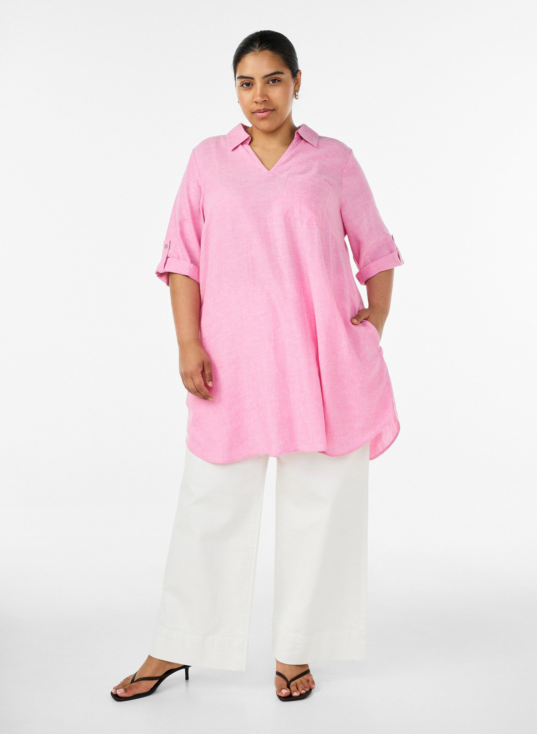 ZizziLinen and viscose tunic with A-shape, Pink, Model image number 1