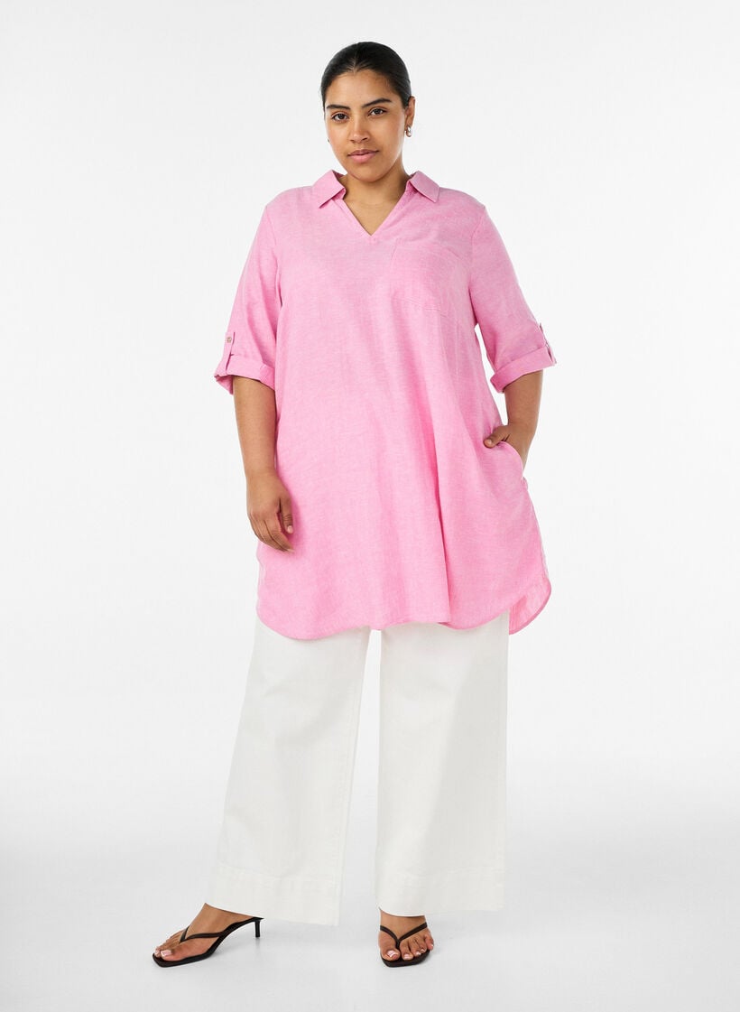 Linen and viscose tunic with A-shape, Pink, Model image number 1