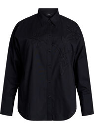 Bomullsskjorte med tone-på-tone blomsterbroderi, Black