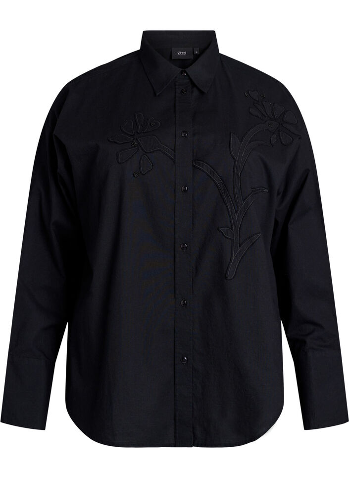 Bomullsskjorte med tone-på-tone blomsterbroderi, Black, Packshot