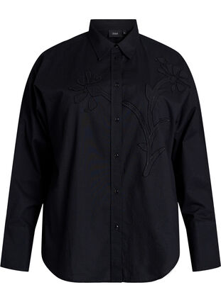 Zizzi Bomullsskjorte med tone-på-tone blomsterbroderi, Black, Packshot image number 0