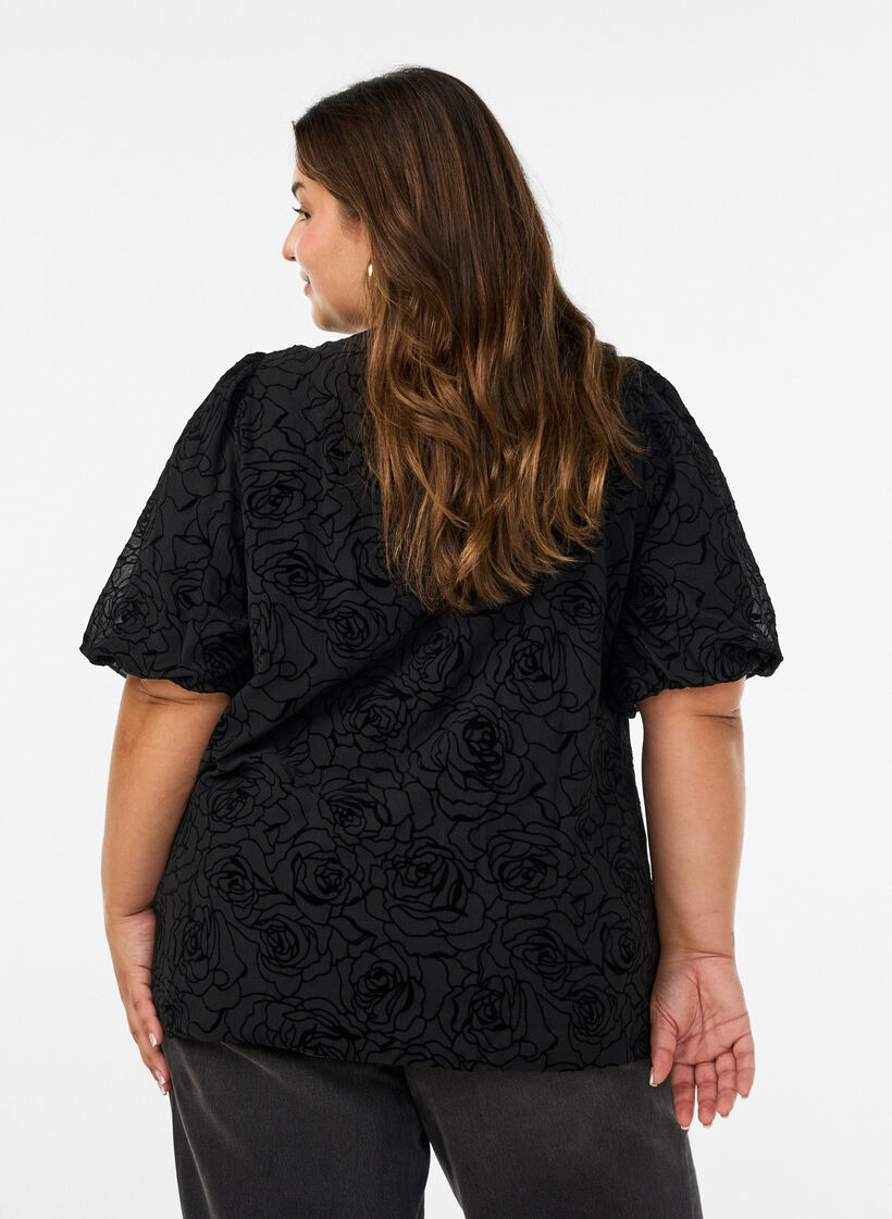 Bluse med blomstertrykk og ballongermer, Svart, Model image number 2