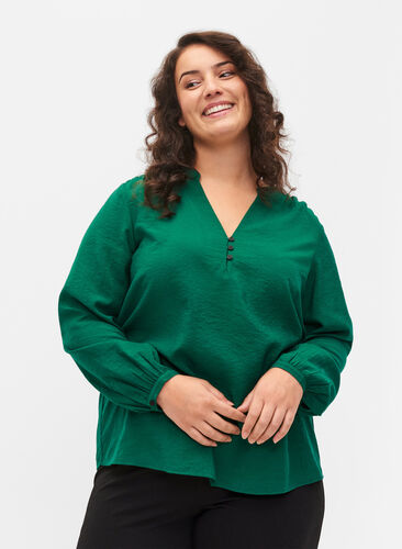Langermet bluse i viskosemiks, Evergreen, Model image number 0