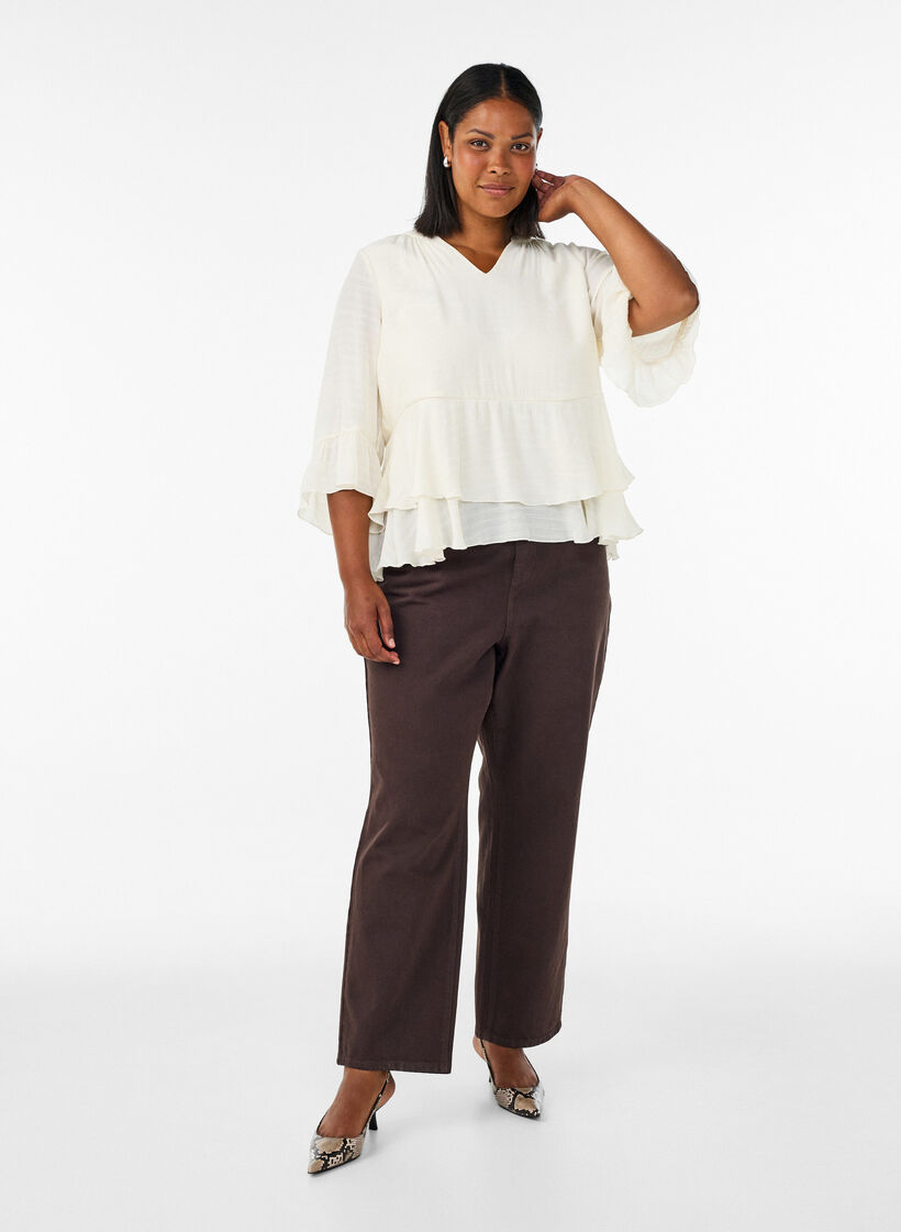 Bluse med 3/4-ermer og volangdetaljer, Vanilje, Model image number 1
