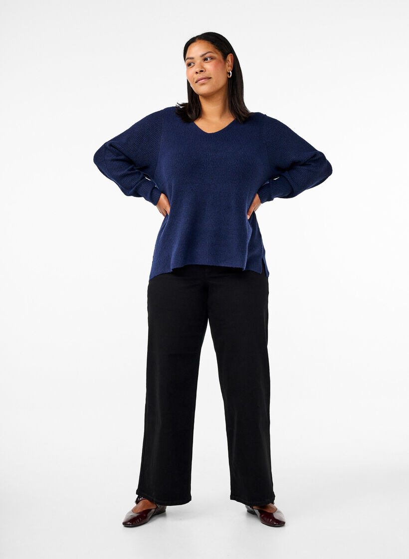 Strikket bluse med v-hals og lange ermer, Naval A. Black Mel., Model image number 2